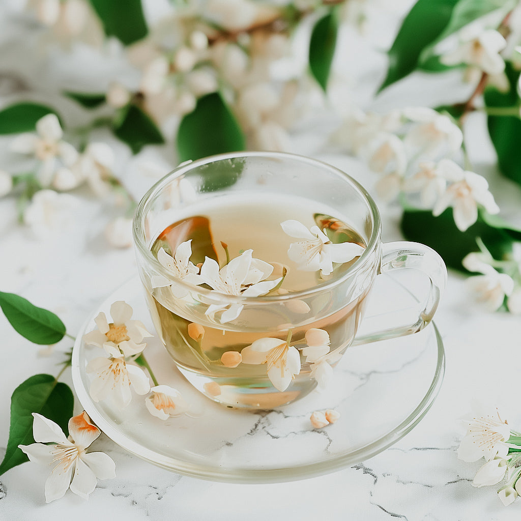A cup of jasmine tea with visible jasmine flowers in the tea, placed on a saucer with a floral pattern, surrounded by more jasmine flowers and green leaves on a white background.