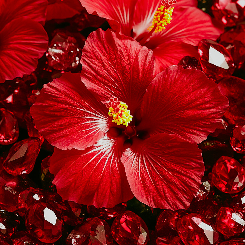 A close-up image of a vibrant red hibiscus flower with a background of shiny, red gemstones.