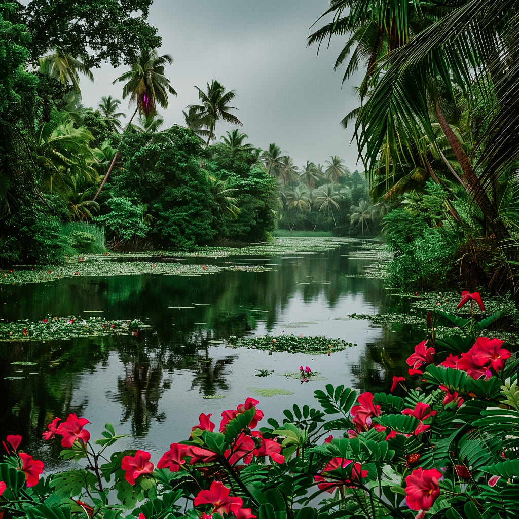 A lush tropical landscape featuring a calm water body with reflections of surrounding trees and red flowers in the foreground.
