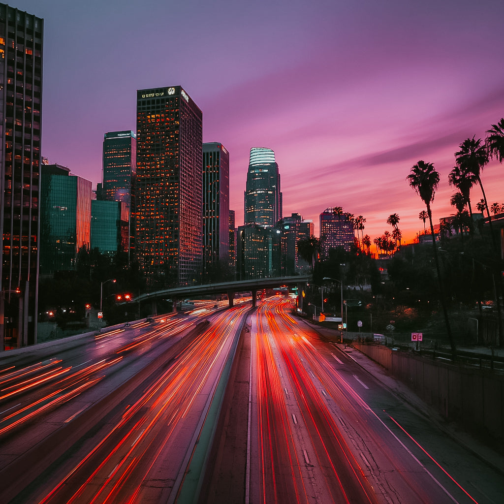 A cityscape at dusk with tall buildings and a pinkish-purple sky, featuring the movement of cars on a street.
