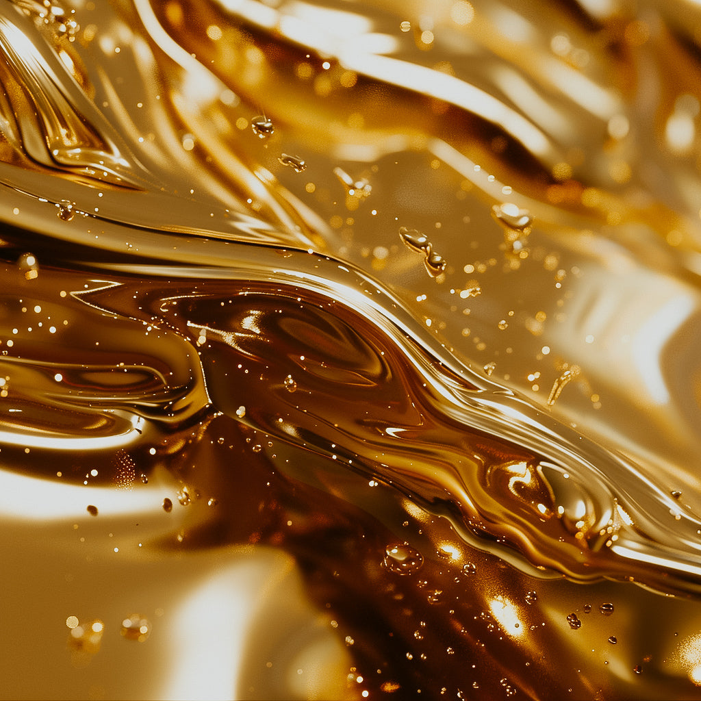 A close-up image of a golden liquid with a glossy surface, possibly representing the fragrance oil.