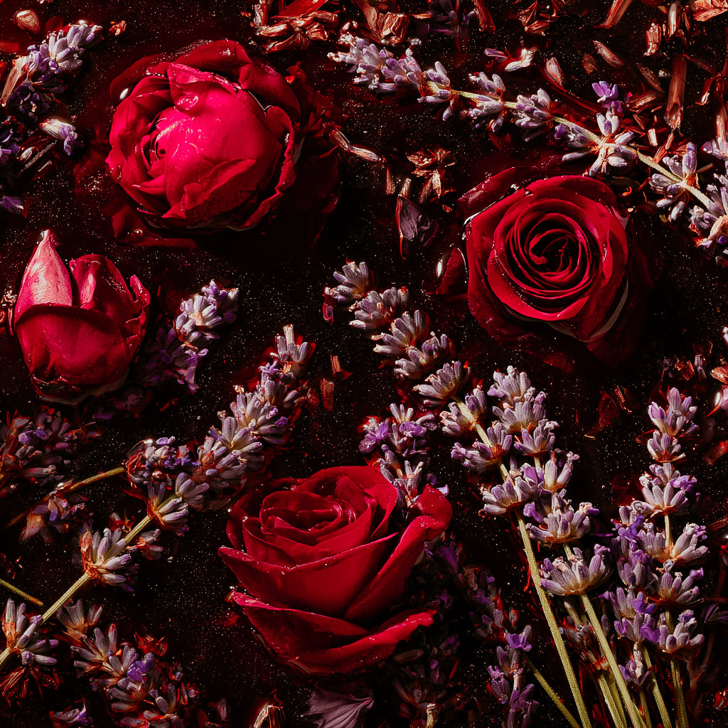 Red roses and lavender flowers in chocolate