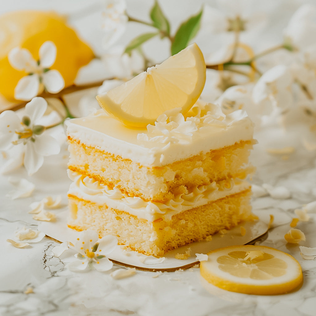 A piece of lemon cake with white frosting garnished with a lemon slice, surrounded by lemon blossoms on a marble surface.