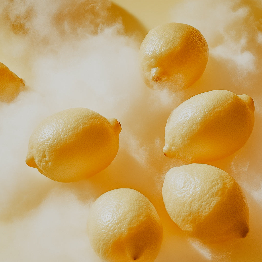A close-up image of fresh lemons with a creamy, fluffy substance, possibly representing a scent cloud or steam.