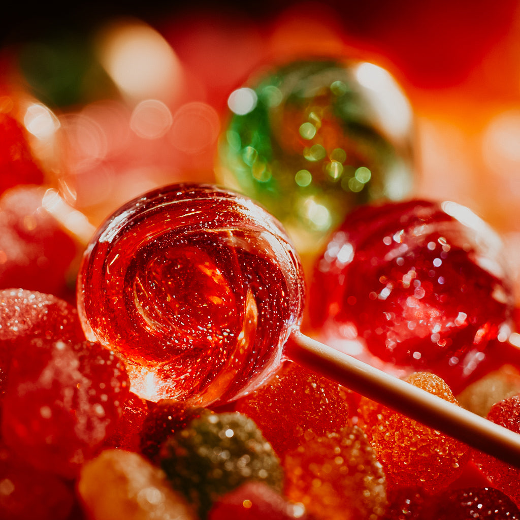 Close-up of a red lollipop with blurred colorful candies in the background