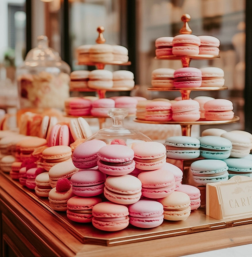A display of colorful macarons arranged on tiered trays in a patisserie, with a focus on the pastel-colored cakes that resemble the fragrance oil product.