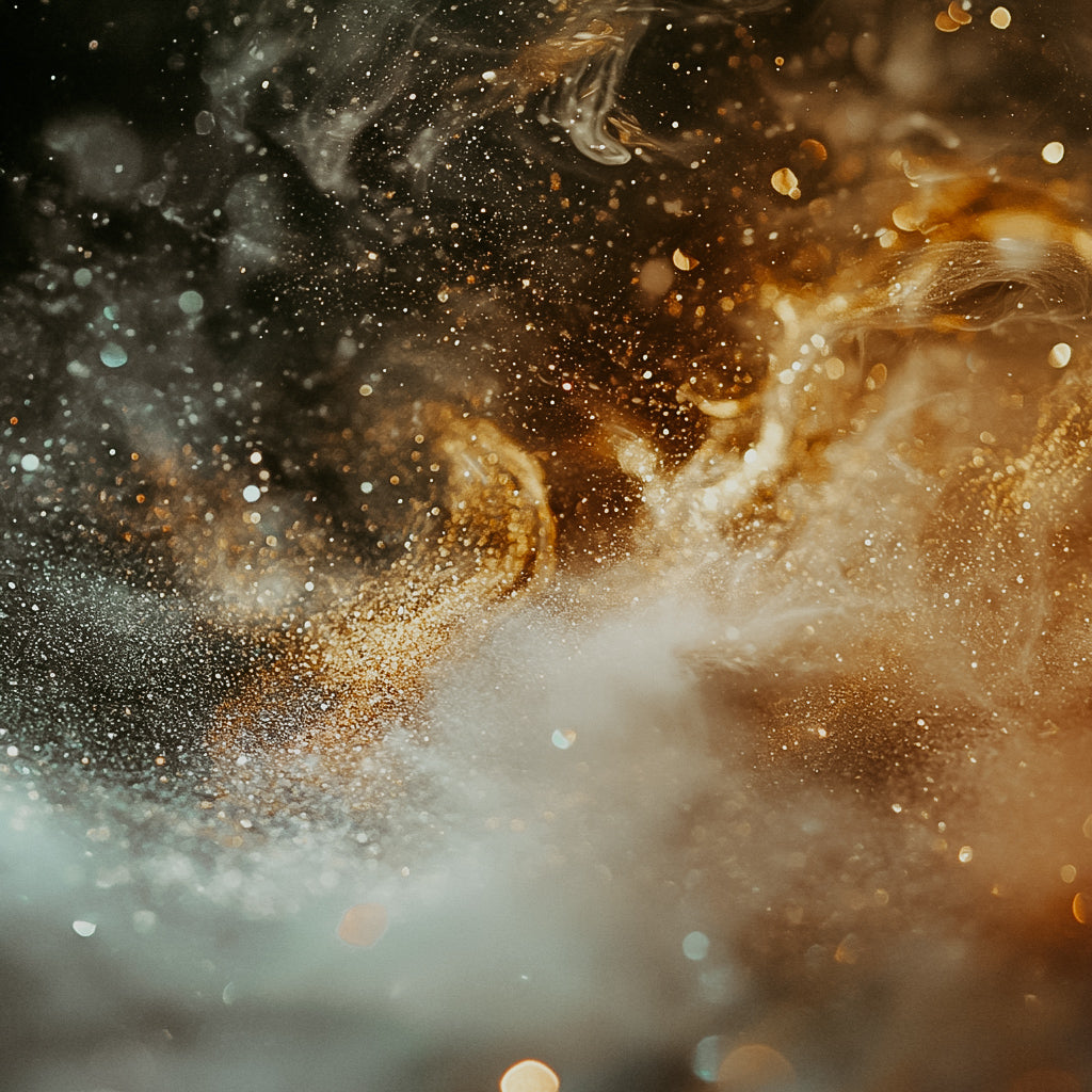 Abstract image representing the fragrance oil with particles and a golden hue, suggesting warmth and wonder.