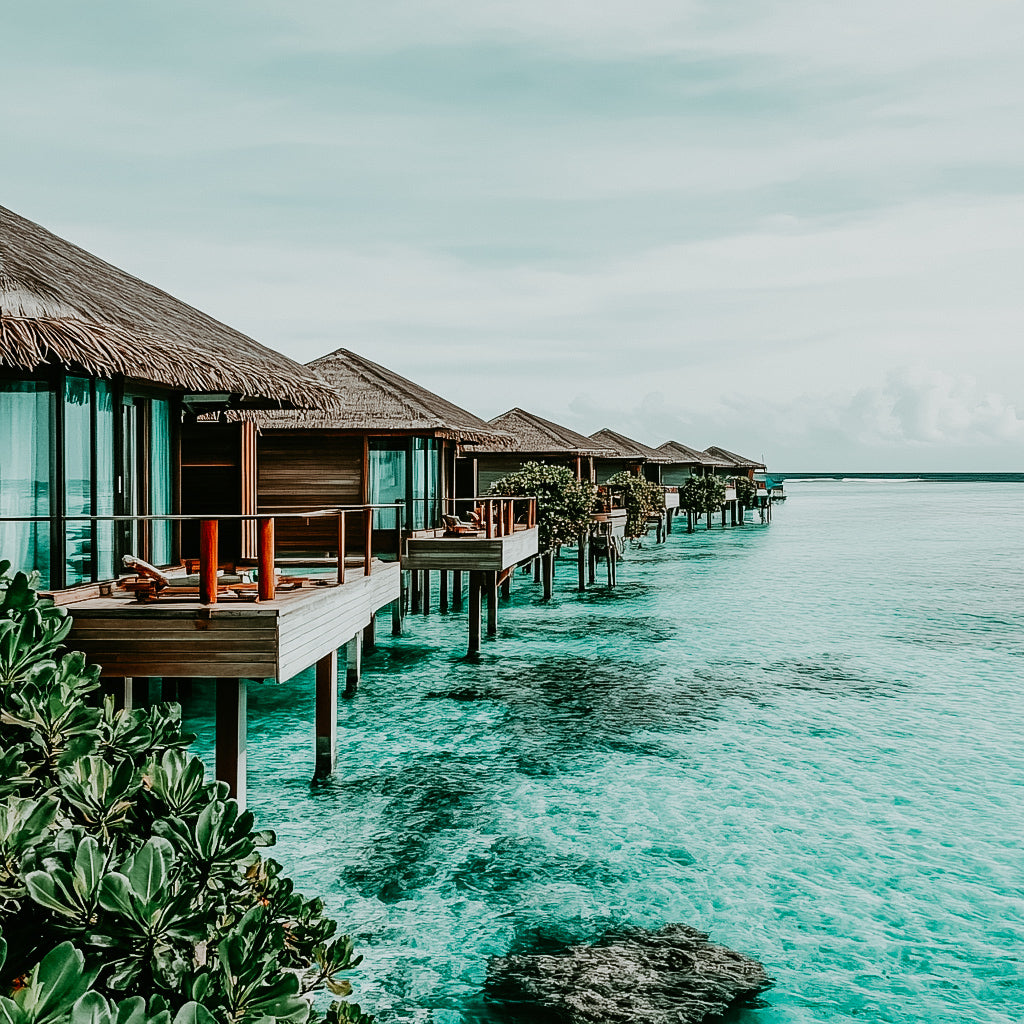 A scenic view of water villas in the Maldives with clear blue waters and a lush landscape.
