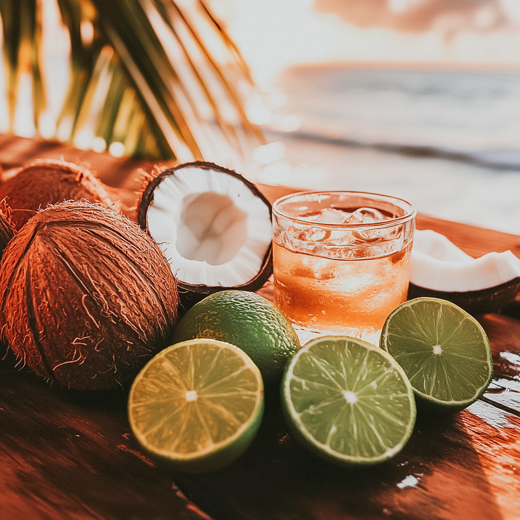 A glass jar of fragrance oil with a coconut and limes in the background, suggesting a tropical theme.