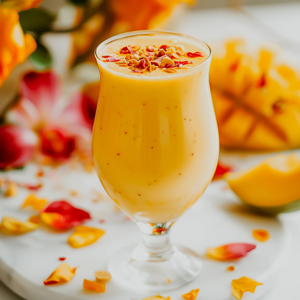 A glass of Mango Lassi, topped with sparkling sugar crystals, with mango slices and flowers in the background.