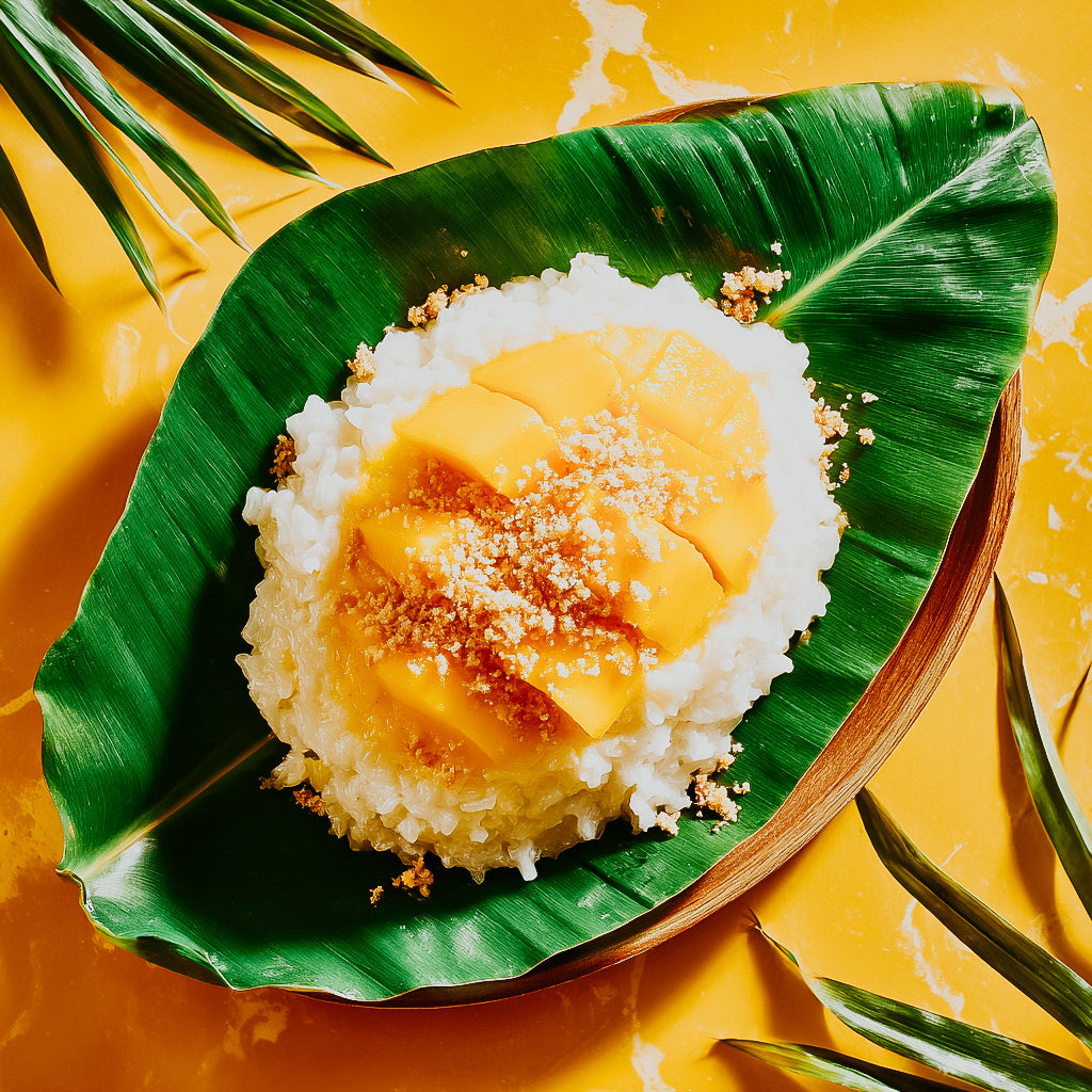 Mango dessert on a banana leaf with a yellow background