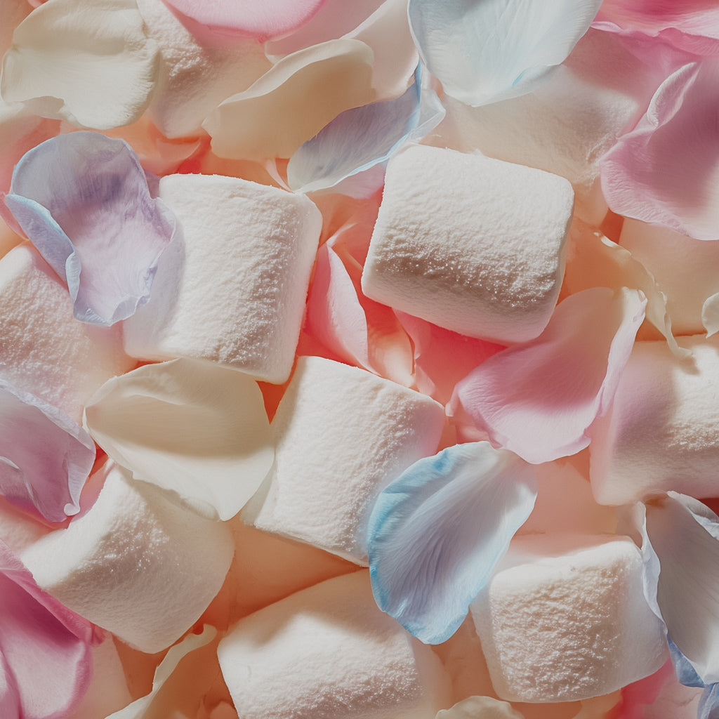 Close-up of marshmallows and flower petals on a pink background