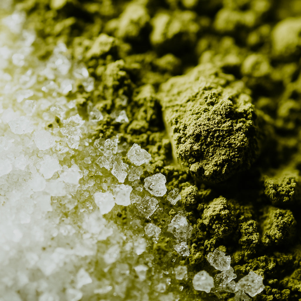 Close-up of matcha powder and sugar crystals