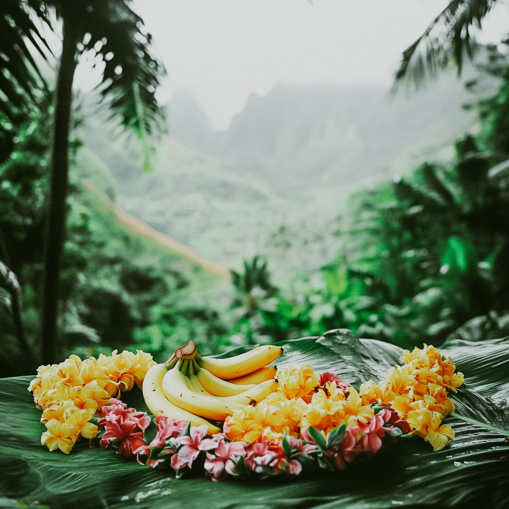 A banana and various colorful flowers arranged on a green leaf, set against a tropical rainforest backdrop.