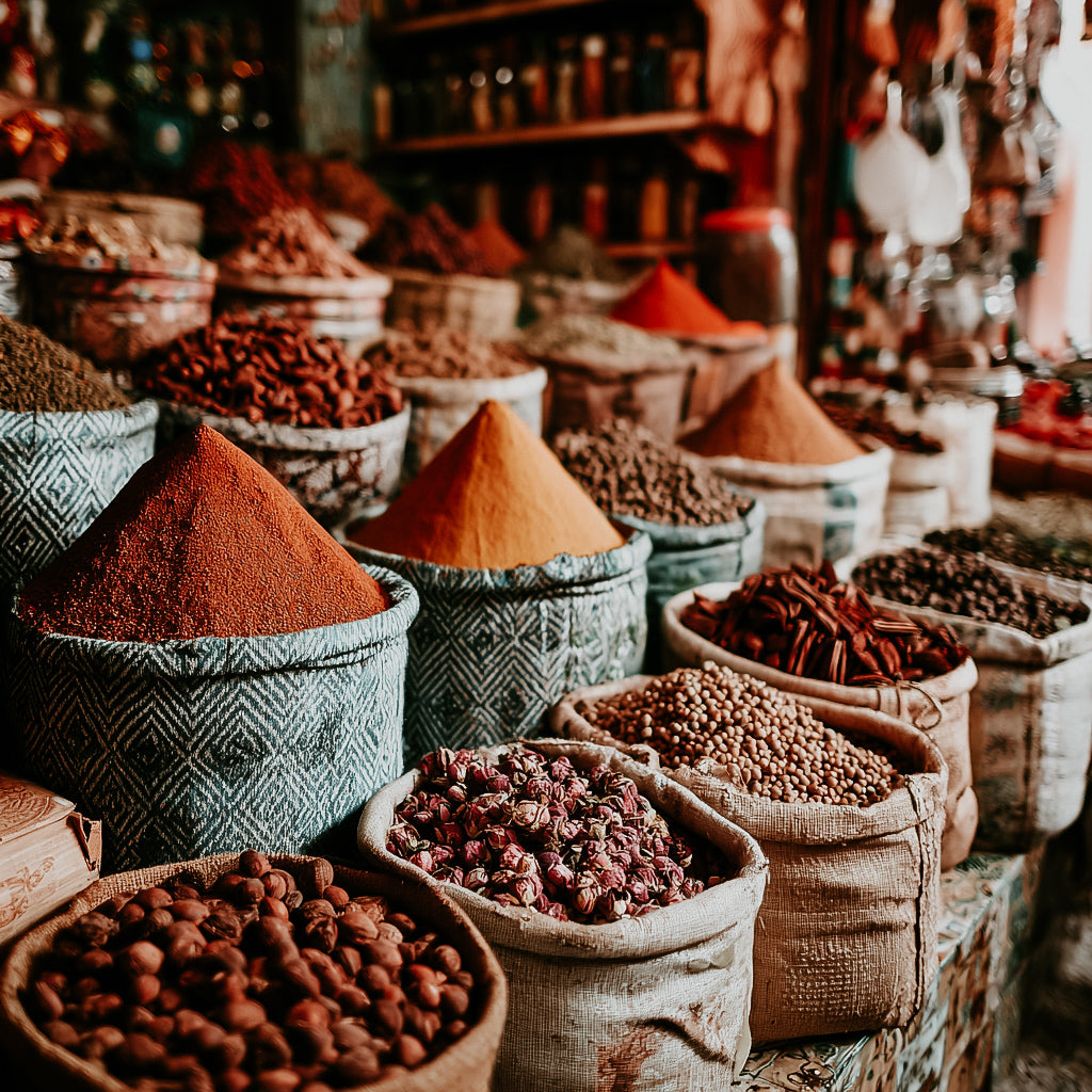 Spices in woven baskets displayed in a market setting