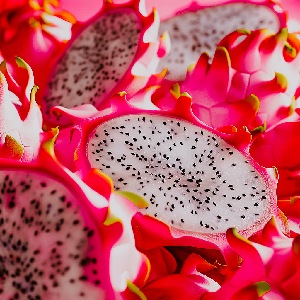 A close-up image of a neon pink dragonfruit with a slice removed to reveal the white seed-speckled interior.