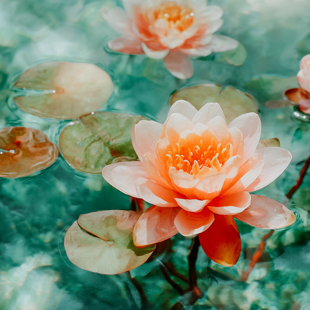 Close-up of a pink water lily flower with green lily pads in the background.