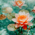 Close-up of a pink water lily flower with green lily pads in the background.
