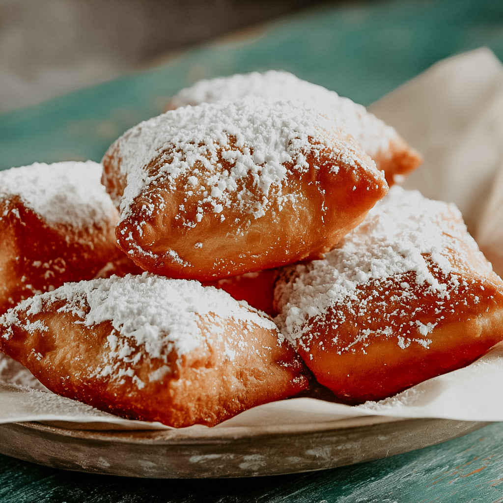 Stack of powdered sugar-covered beignets on a paper-lined plate.