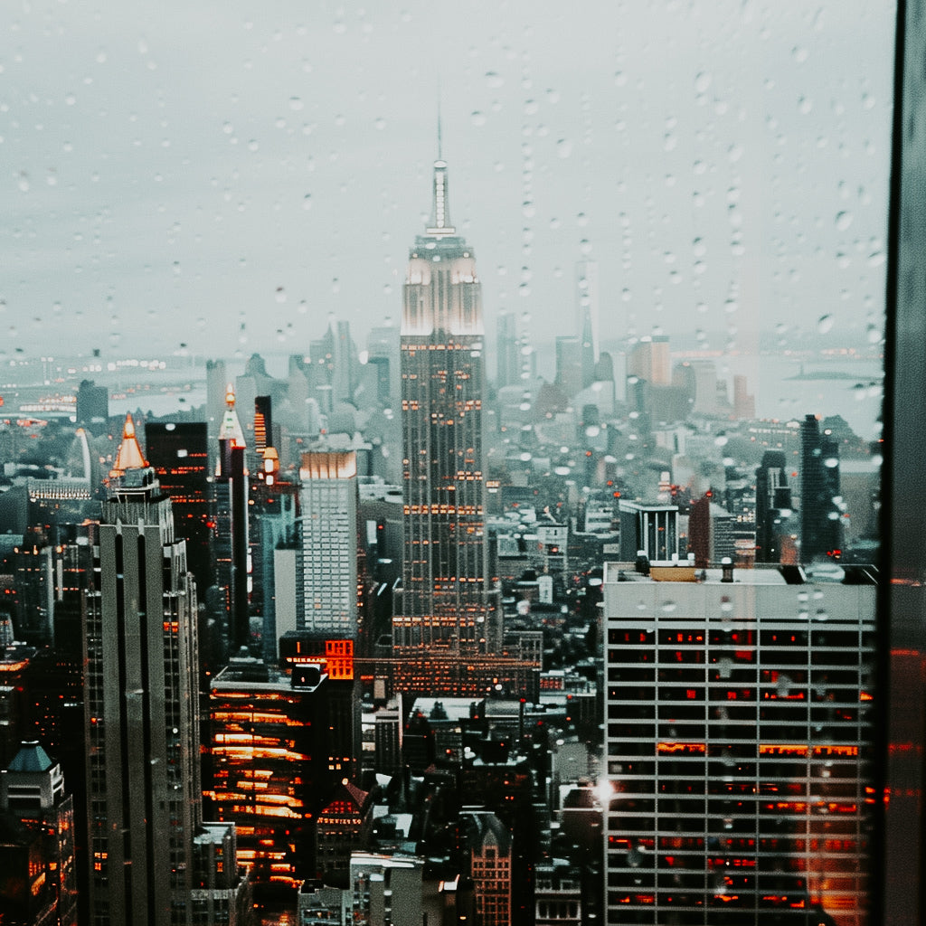 A cityscape with high-rise buildings, including the Empire State Building, during a rainy day, viewed from a high vantage point.