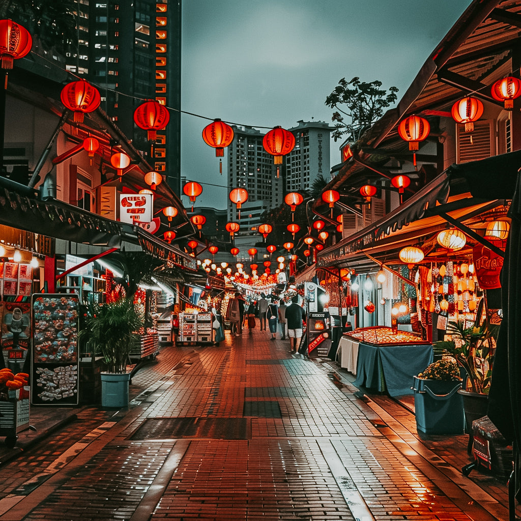 An image depicting a vibrant night market scene with numerous red lanterns hanging along a street, lined with food stalls and people.