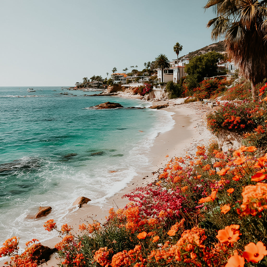 A vibrant image featuring a coastal scene with clear blue water, a sandy beach, and lush greenery with orange flowers in the foreground.