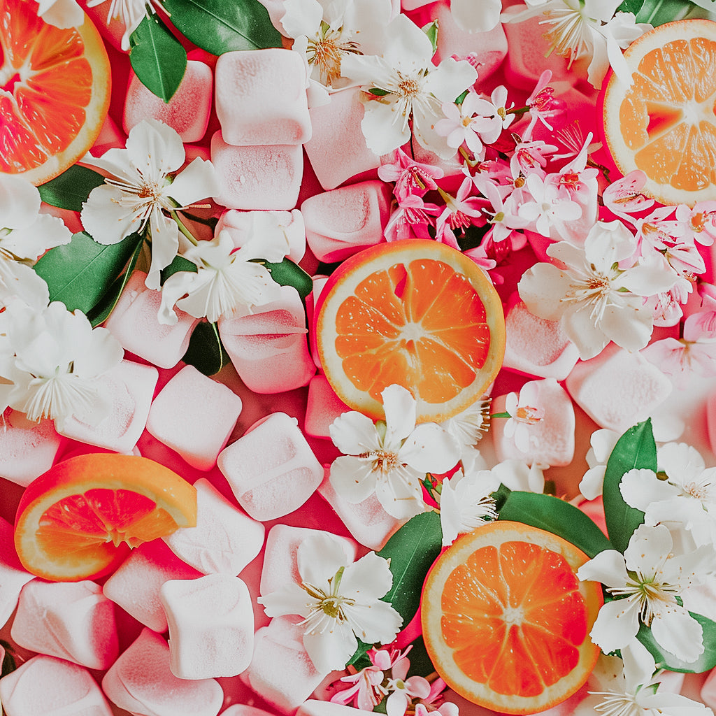 A colorful fragrance oil product image featuring slices of orange and marshmallows with white flowers on a pink background.
