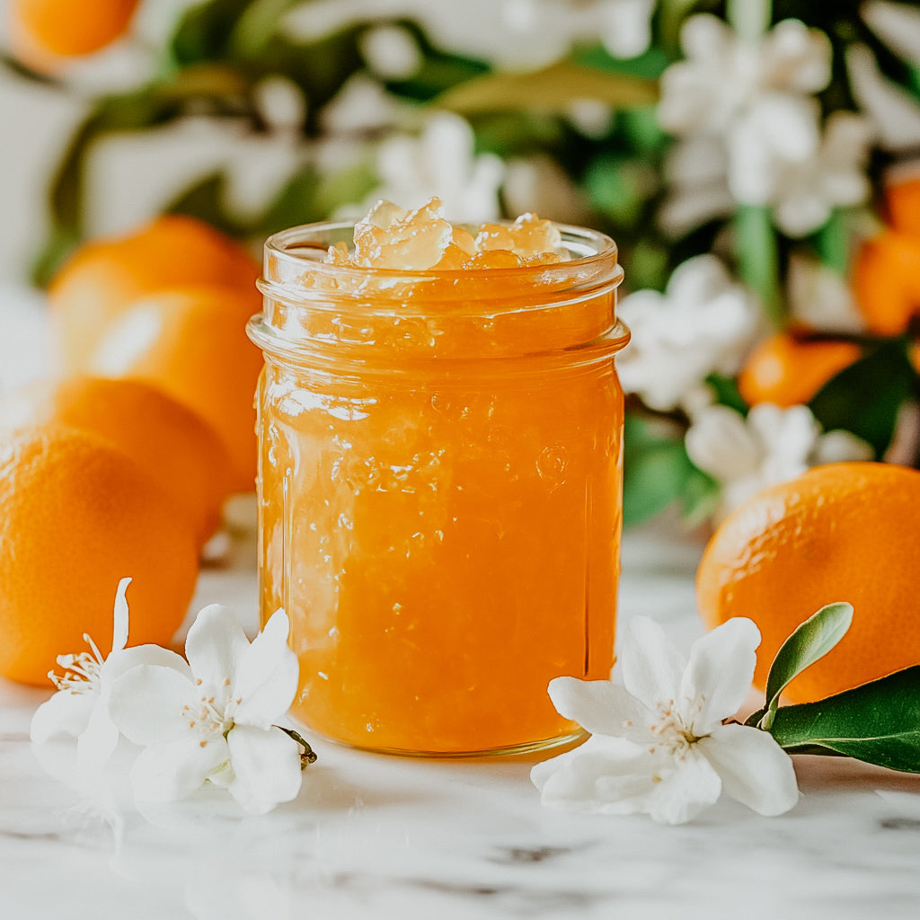 A jar of orange marmalade with a background of fresh oranges and orange blossoms.