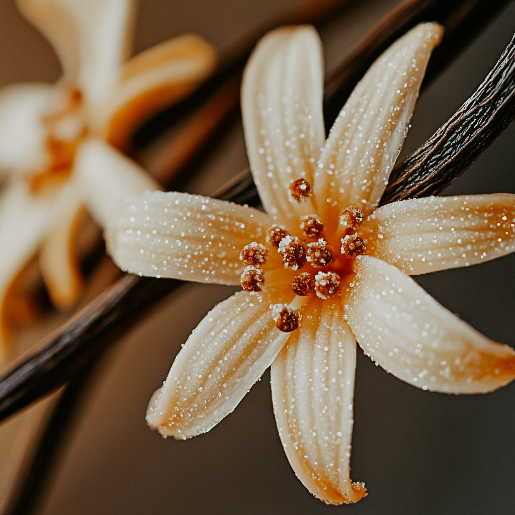 A close-up image of a vanilla flower with a blurred background, showcasing details of the petals and stamens.