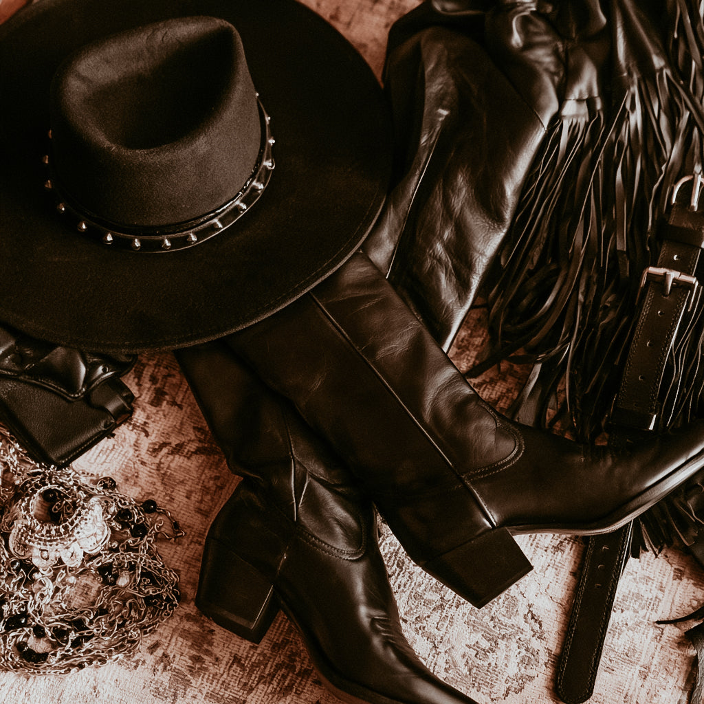 Black Leather Cowboy Boots and Hat