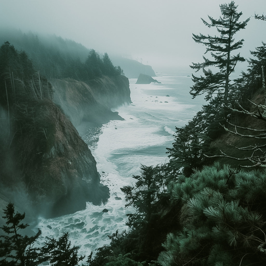 A scenic view of a rugged Pacific Northwest coastline with cliffs, trees, and ocean waves.