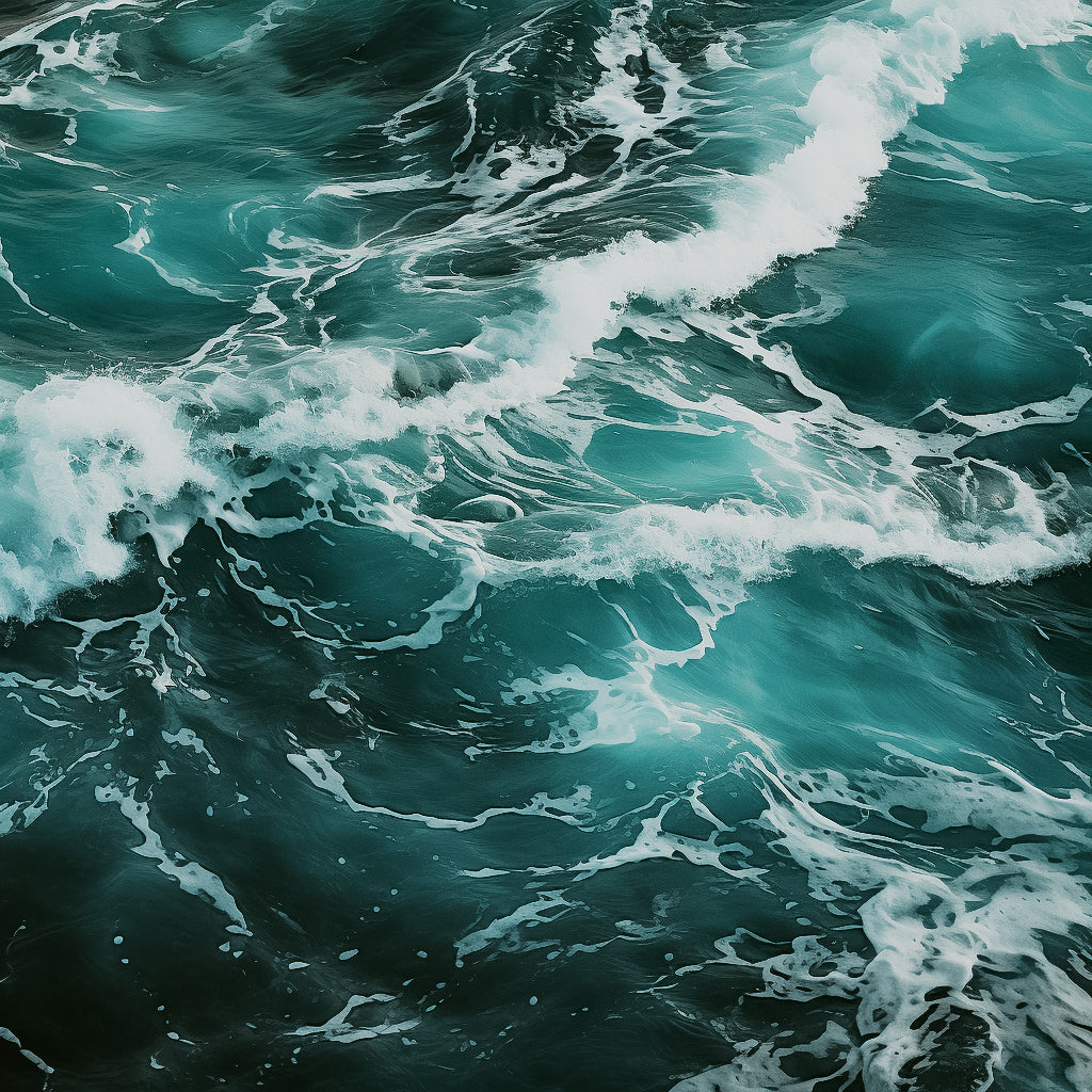 A close-up image of turbulent Pacific Ocean waters with shades of dark blue and green.