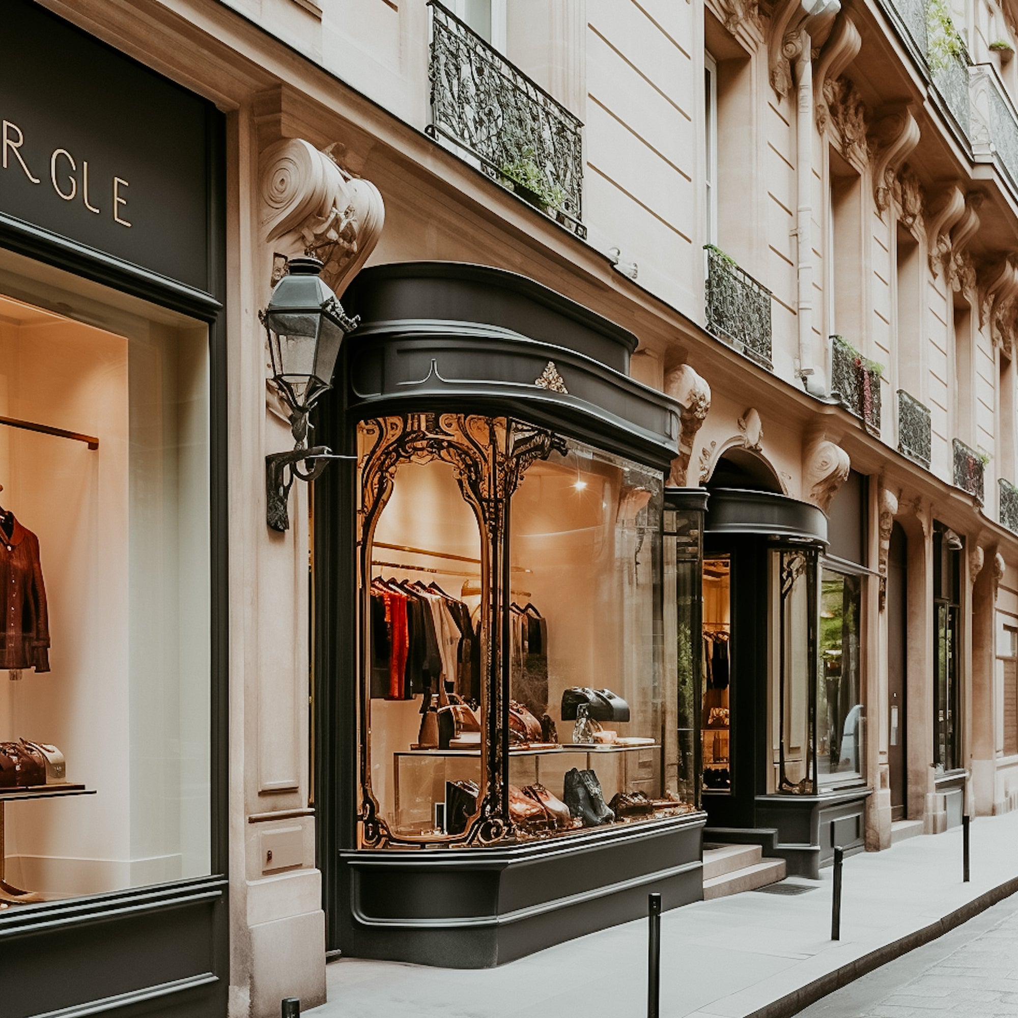 A view of a Parisian shopping street with a focus on a store window displaying clothing and accessories.