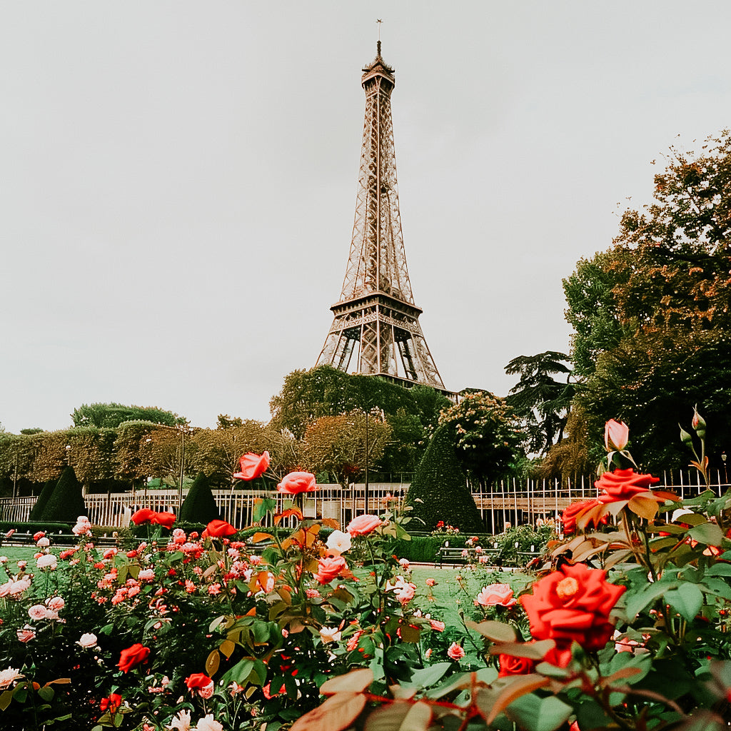 A scenic view of the Eiffel Tower with a garden in the foreground featuring red and pink roses.