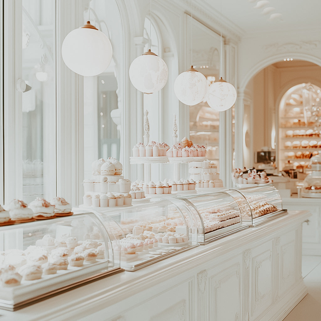 A bright and clean bakery shop with a display of various pastries, illuminated by overhead spherical lights.