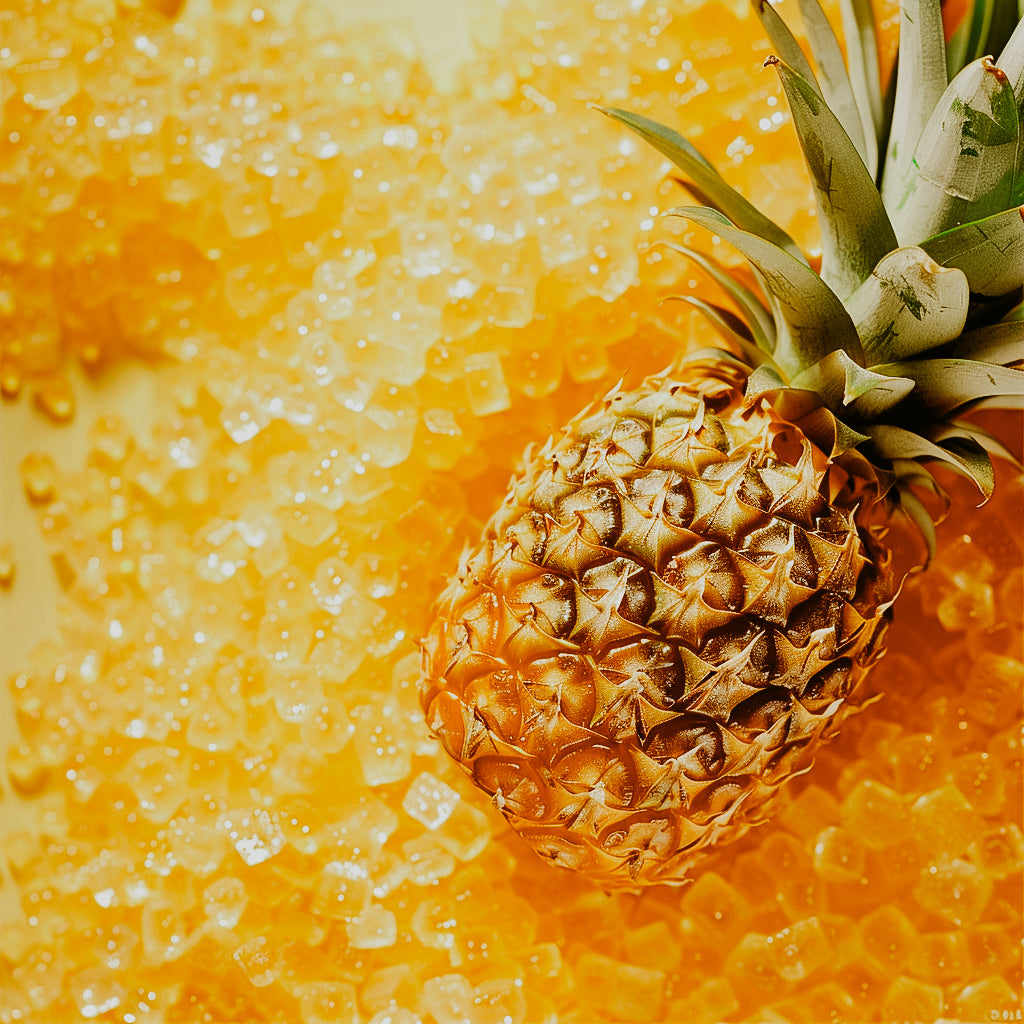 A close-up image of a pineapple with a background of sparkling yellow crystals, giving a visual representation of the fragrance oil's scent profile.