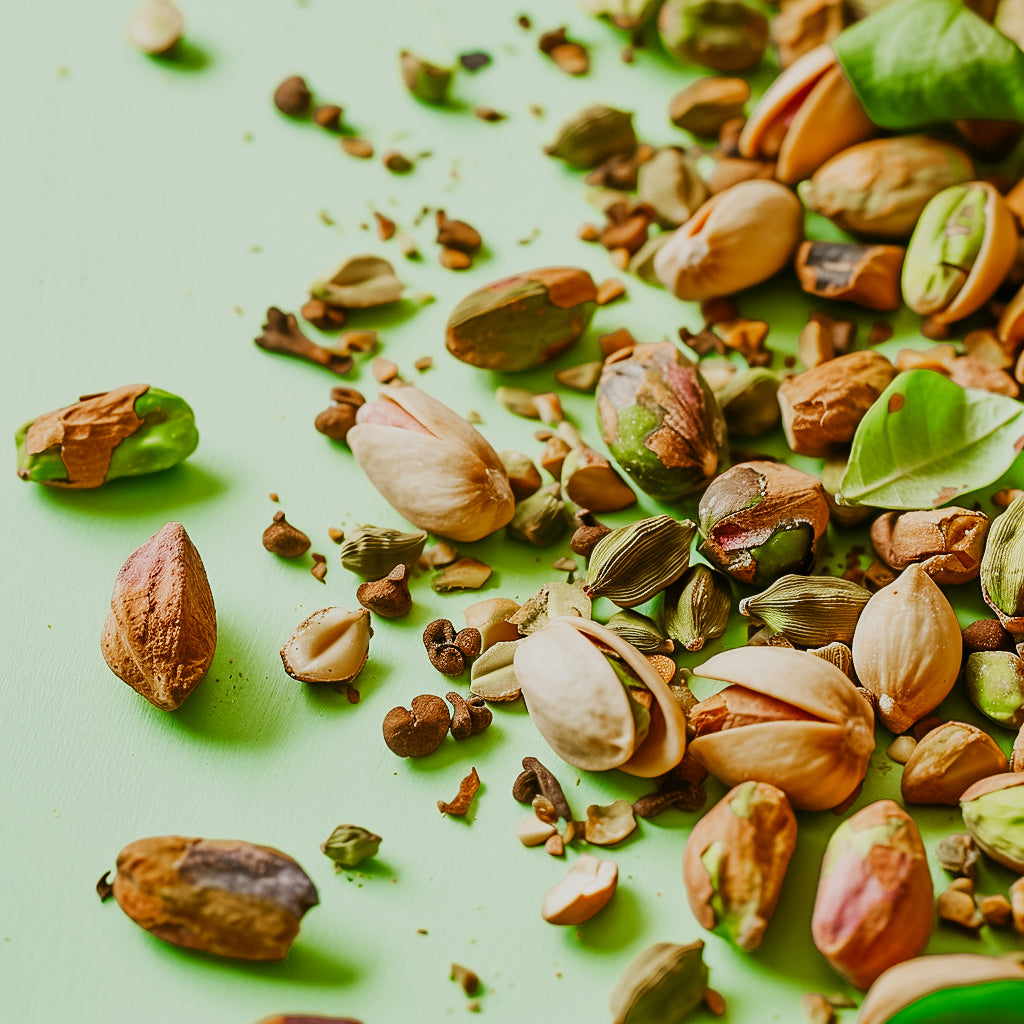 Scattered pistachio nuts and cardamom seeds on a green background
