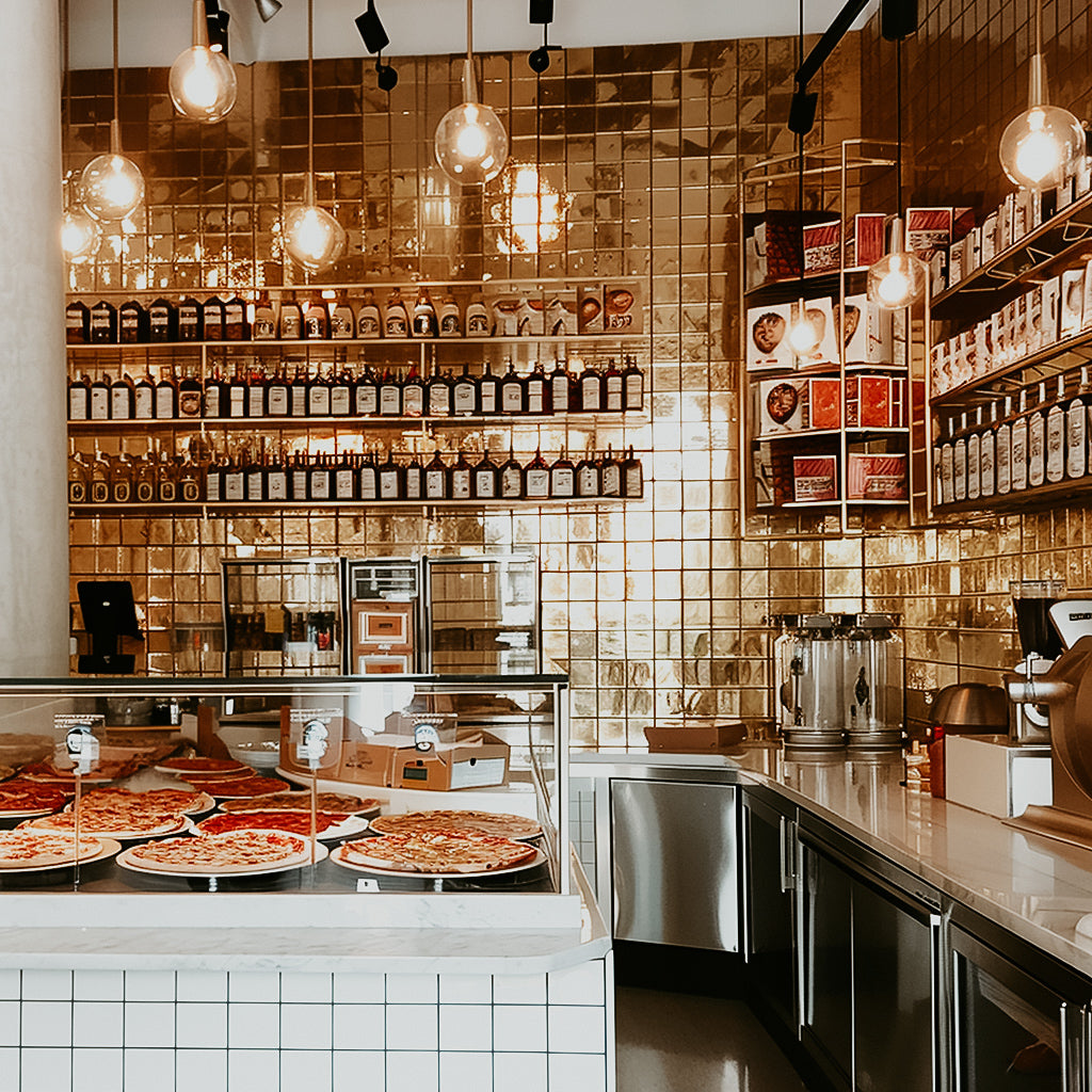 Interior view of a pizzeria with pizzas displayed in the foreground and shelves of ingredients and equipment in the background.