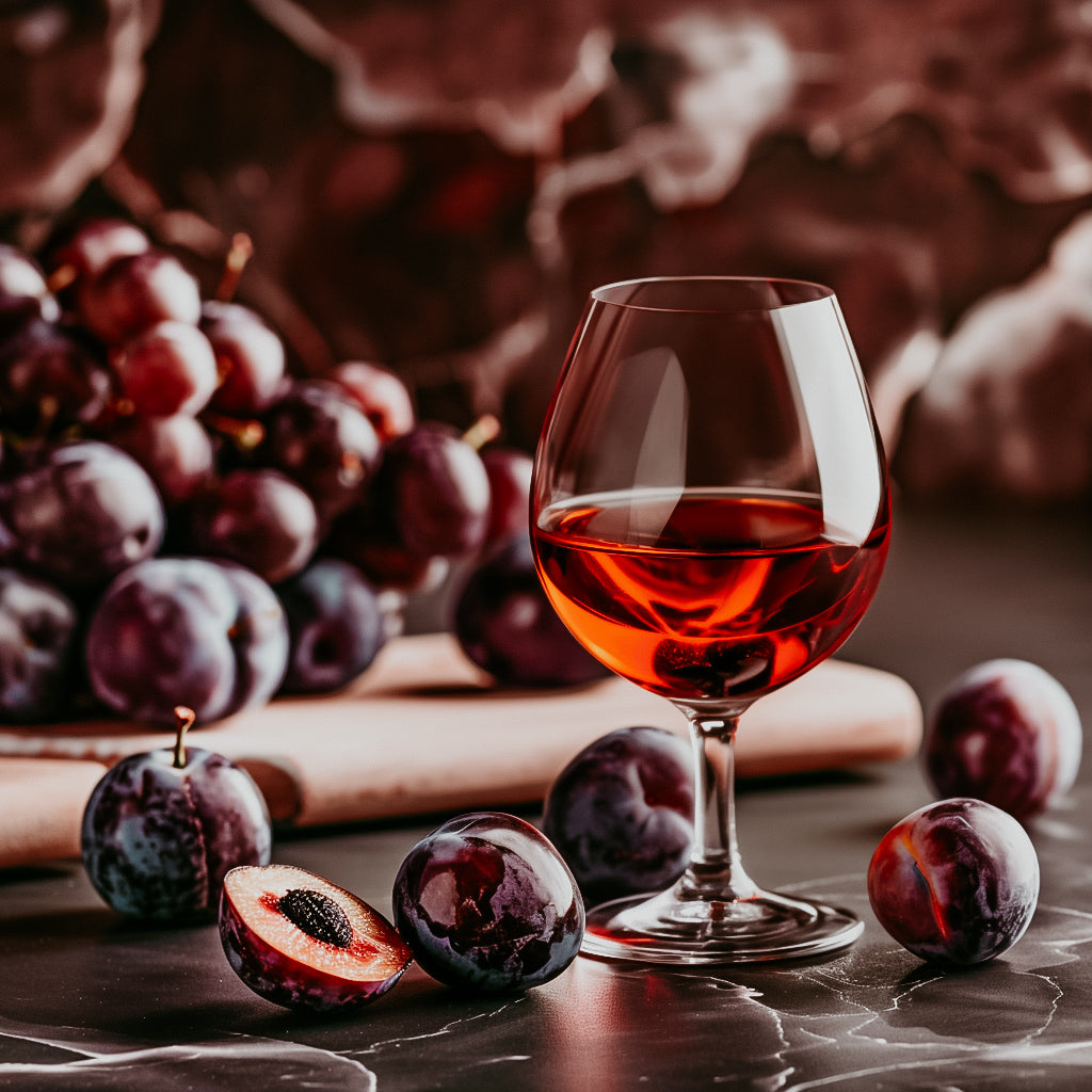 A glass of cognac surrounded by ripe plums, with a backdrop of marble and additional plums enhancing the luxurious feel of the image.
