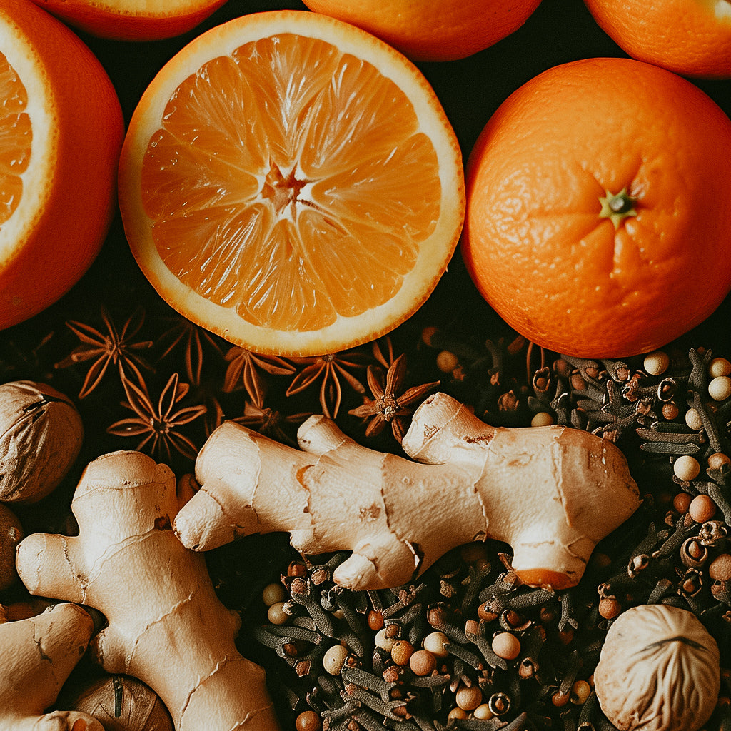 A still life arrangement featuring sliced oranges, whole oranges, and a variety of spices including ginger roots and cardamom pods spread out on a surface.