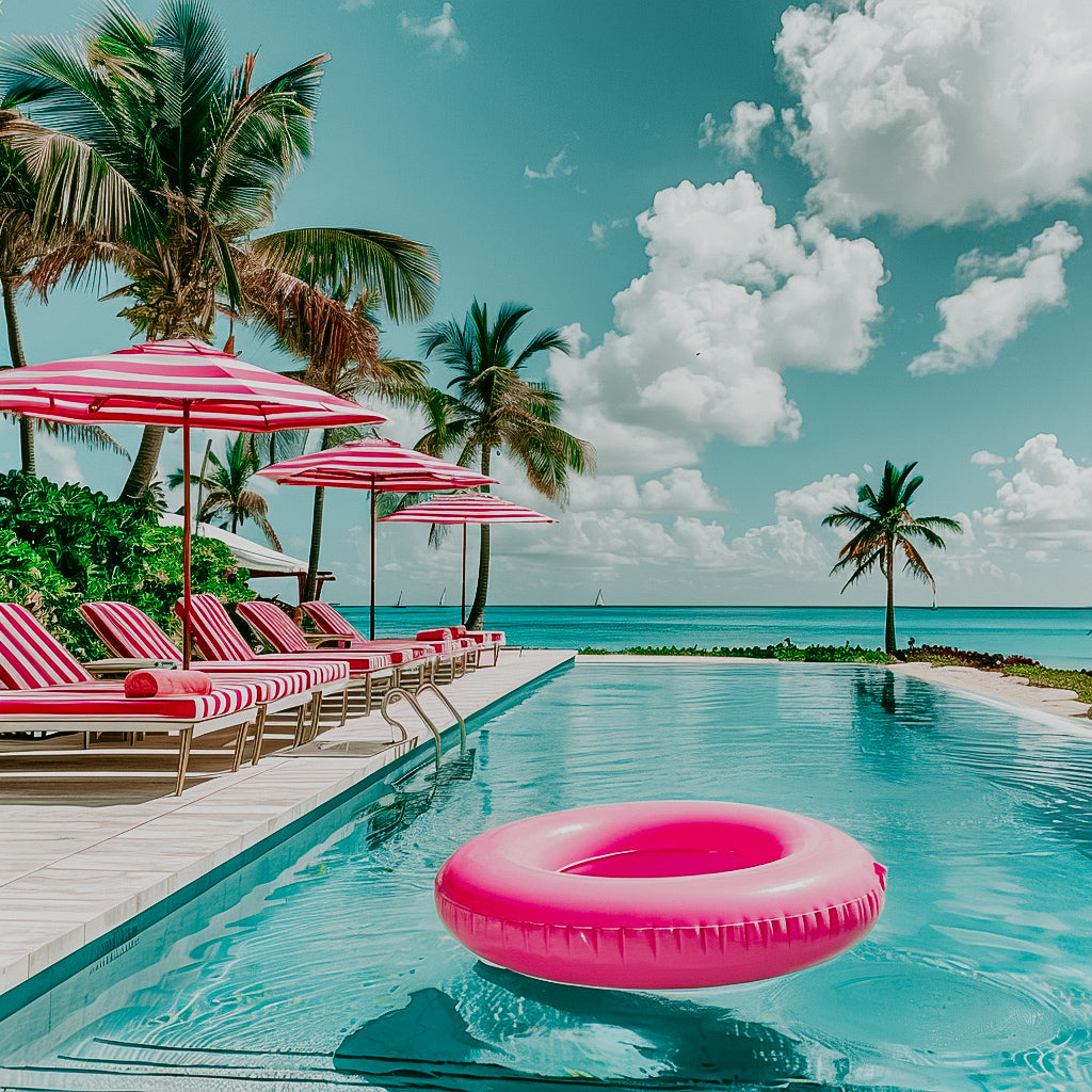A vibrant image featuring a luxurious poolside scene with a pink inflatable ring floating in the water, surrounded by red lounge chairs and palm trees in the background.