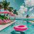 A vibrant image featuring a luxurious poolside scene with a pink inflatable ring floating in the water, surrounded by red lounge chairs and palm trees in the background.