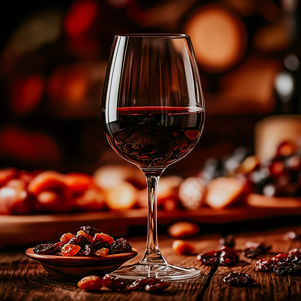 A glass of port wine on a table with scattered dried fruits and a soft, warm background.