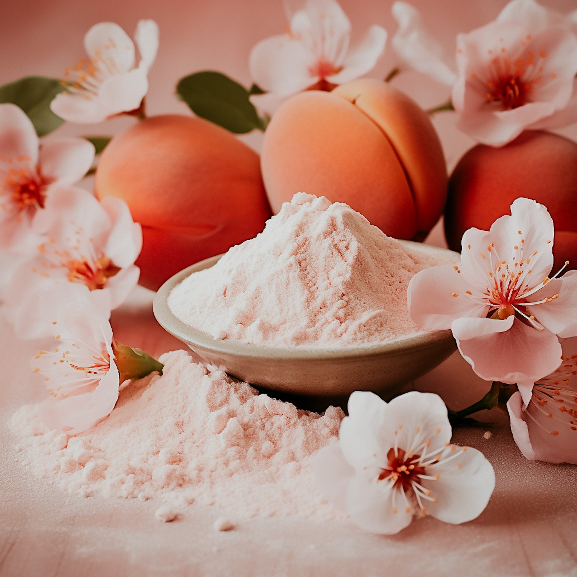 A bowl of white powder, presumably fragrance oil, with peach petals and whole peaches in the background, suggesting a radiant peach fragrance.