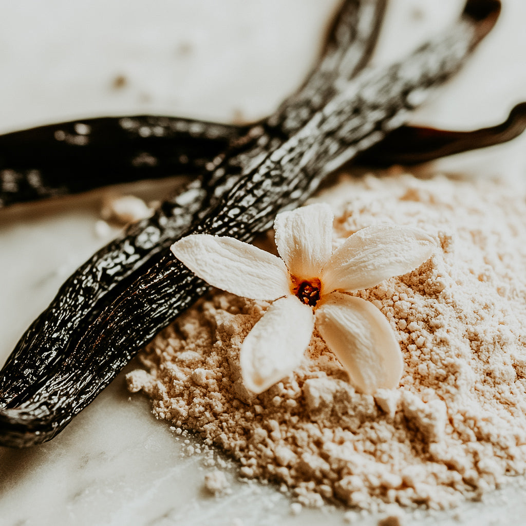 A close-up image of a white powder, resembling vanilla, with a flower at its center, and vanilla pods in the background.