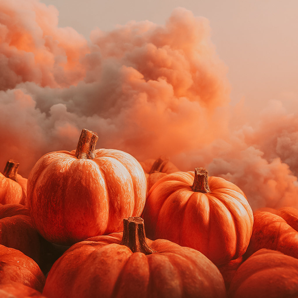 Pumpkins with orange clouds i background