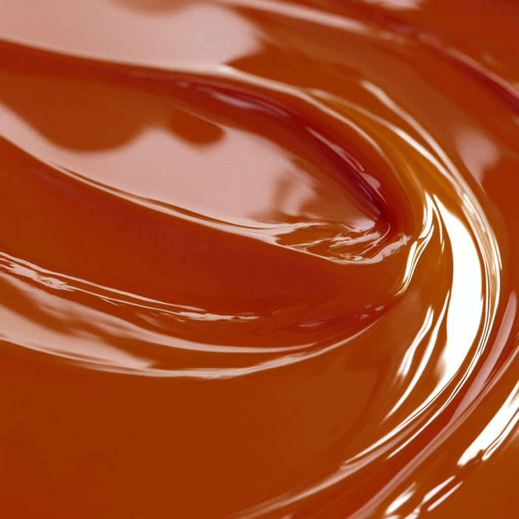 A close-up image of a smooth, dark orange-colored candle dye