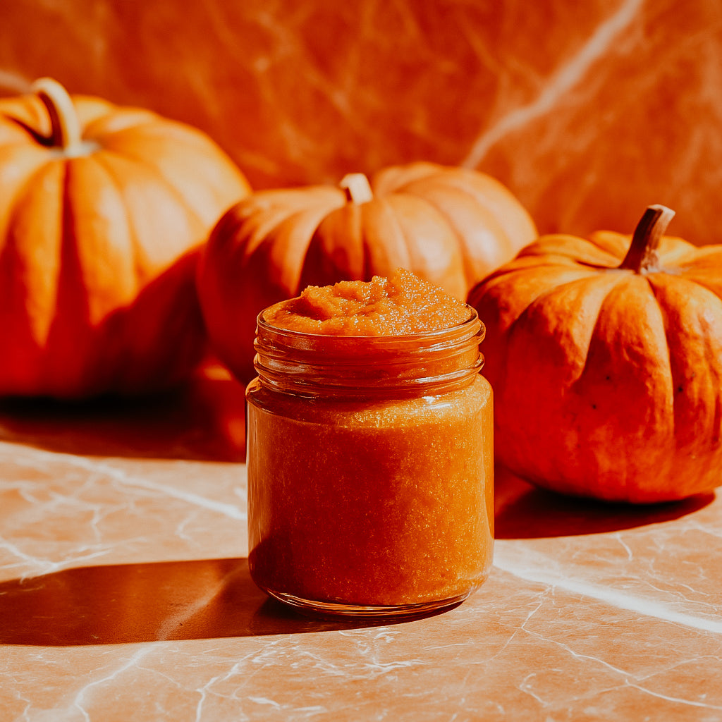 Jar of pumpkin puree with pumpkins in the background