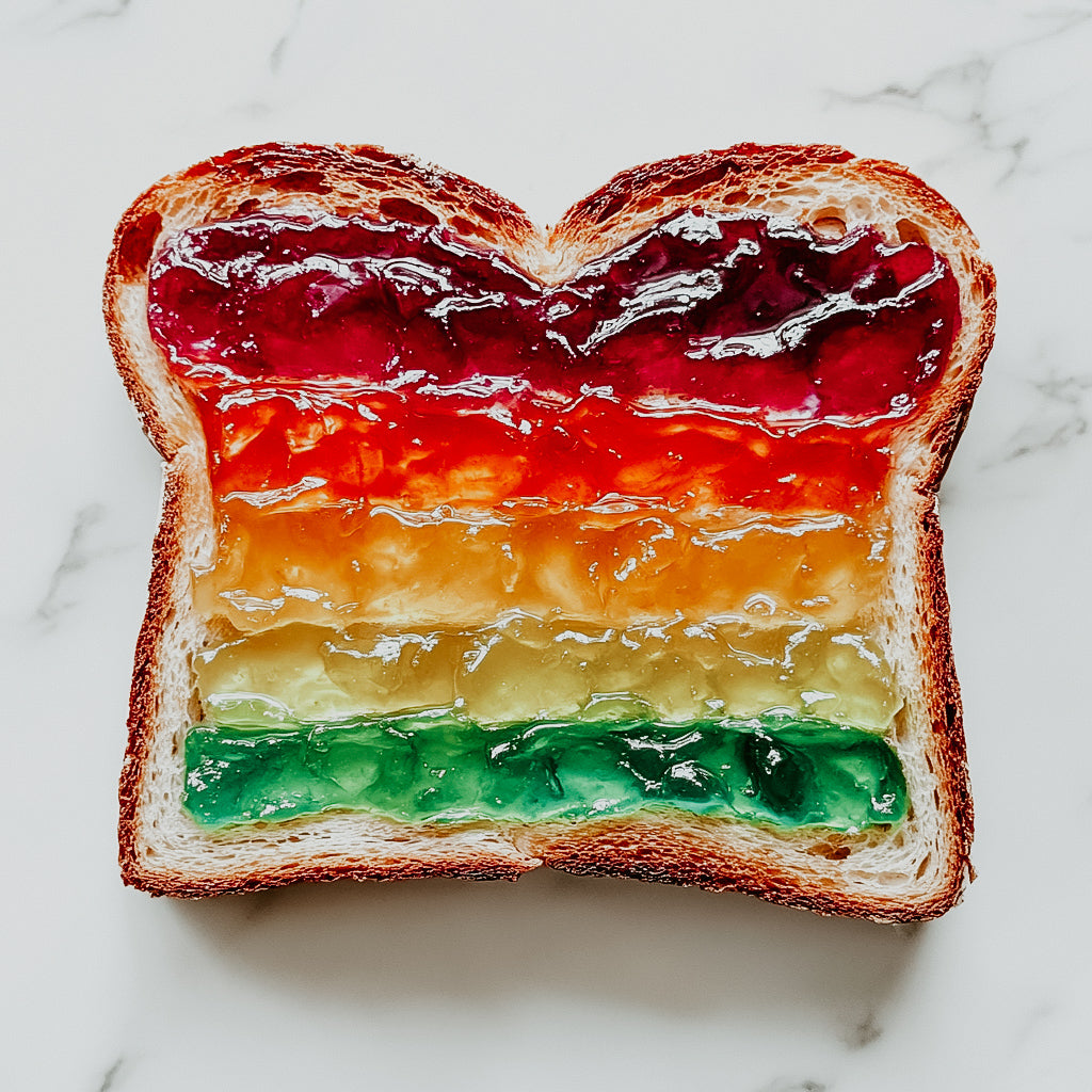 A slice of bread with multicolored layers of jam resembling a rainbow on a white marble surface.