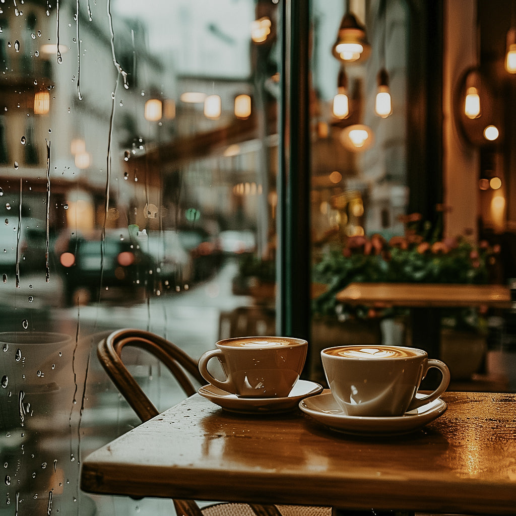 Two cups of coffee on a table with raindrops on the window in the background, suggesting a rainy day setting.